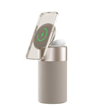 portable beige 3 in 1 wireless charger for iPhone and AirPods. Magnetic charging puck and AirPods dock