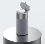 3 in 1 wireless charger for iPhone and AirPods gray cylindrical charging station with flip up pad and AirPods case