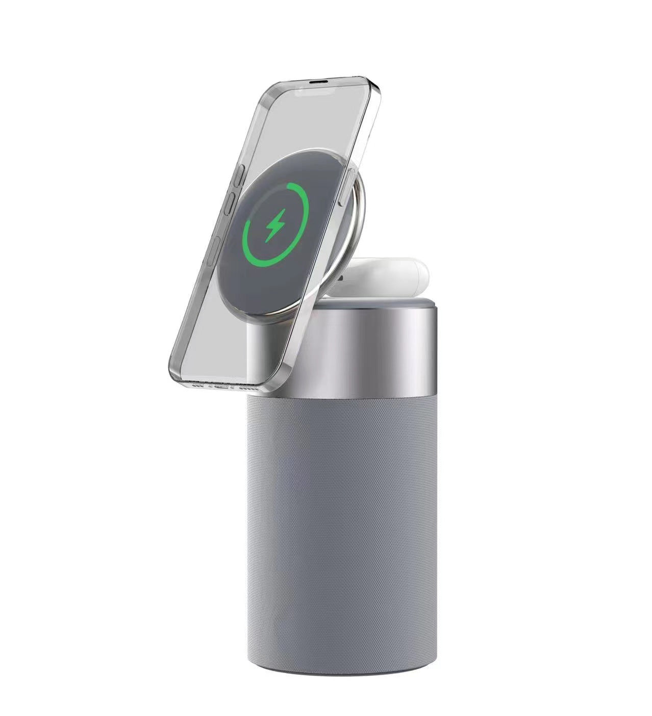 3 in 1 wireless charger for iPhone and AirPods. Gray portable magnetic stand with cylindrical charging base
