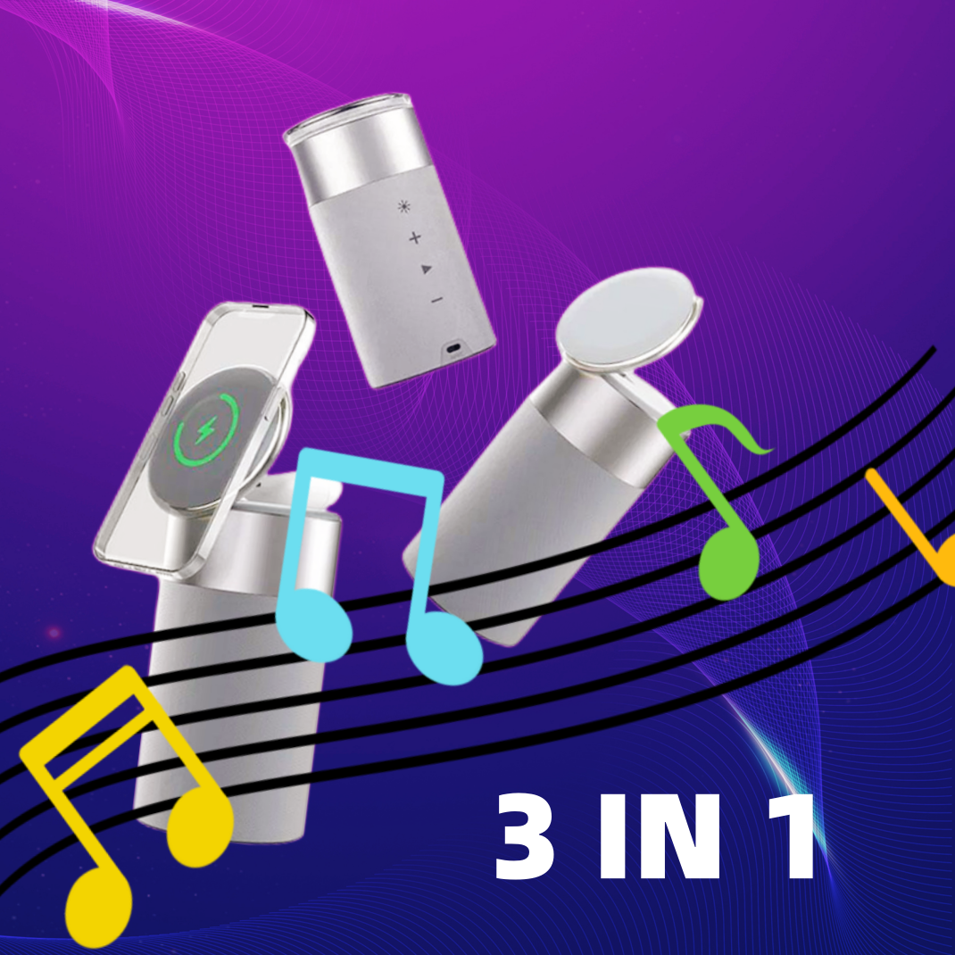 3 in 1 wireless charger for iPhone and AirPods. Cylindrical portable MagSafe charger shown with music notes