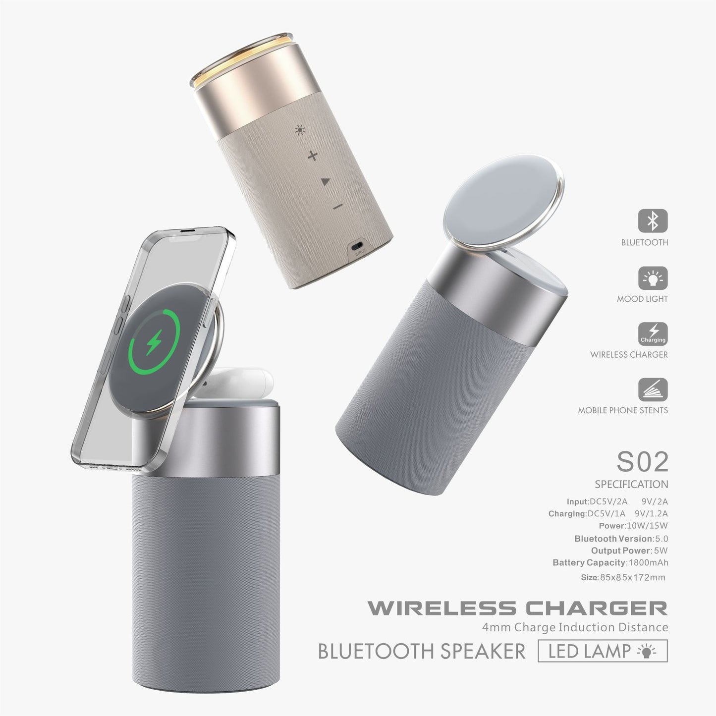 3 in 1 wireless charger for iPhone and AirPods with Bluetooth speaker LED lamp cylindrical design