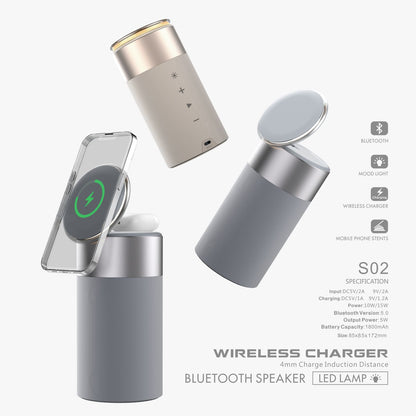 3 in 1 wireless charger for iPhone and AirPods with Bluetooth speaker LED lamp cylindrical design