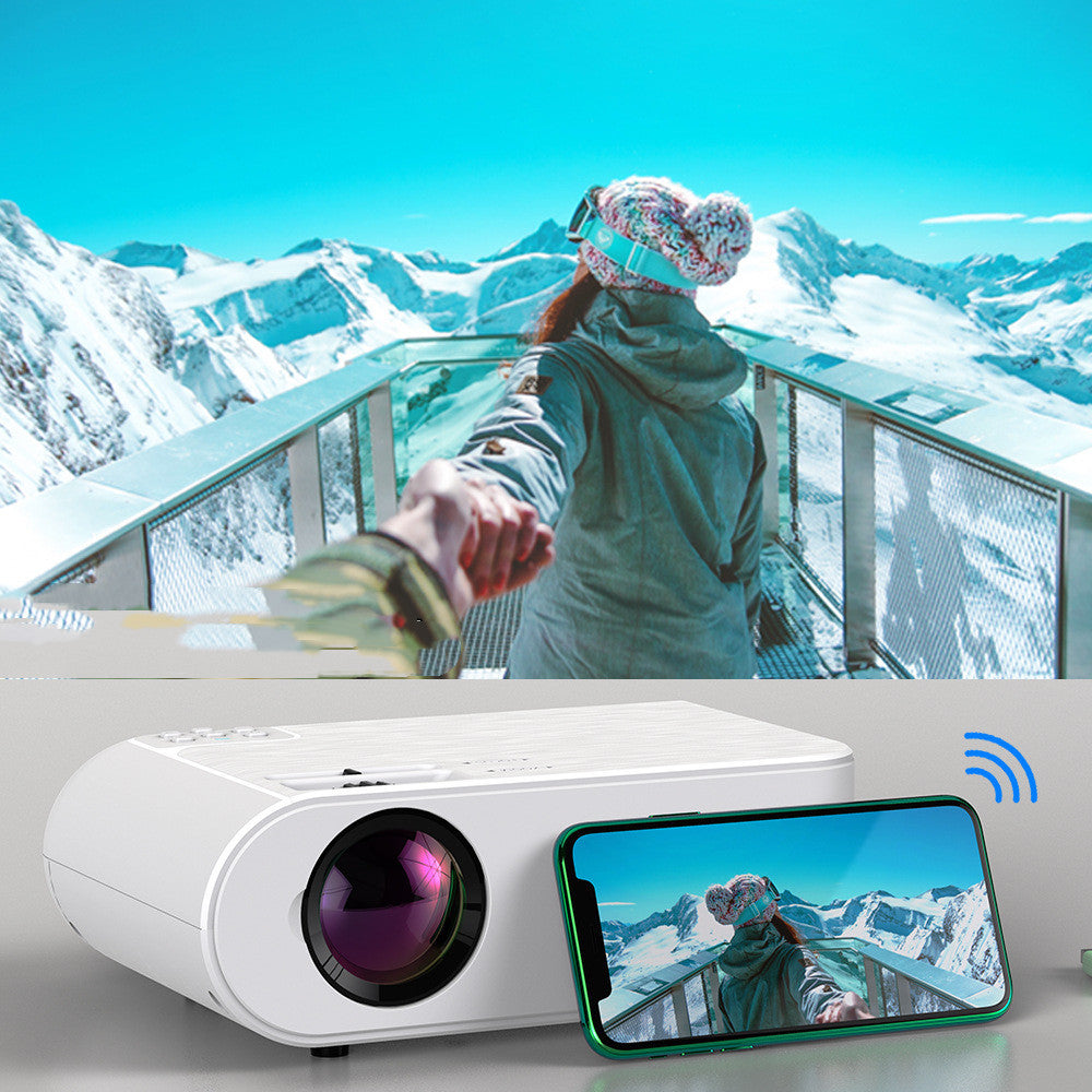 portable 720p smart projector displaying vibrant outdoor scenery with smartphone streaming