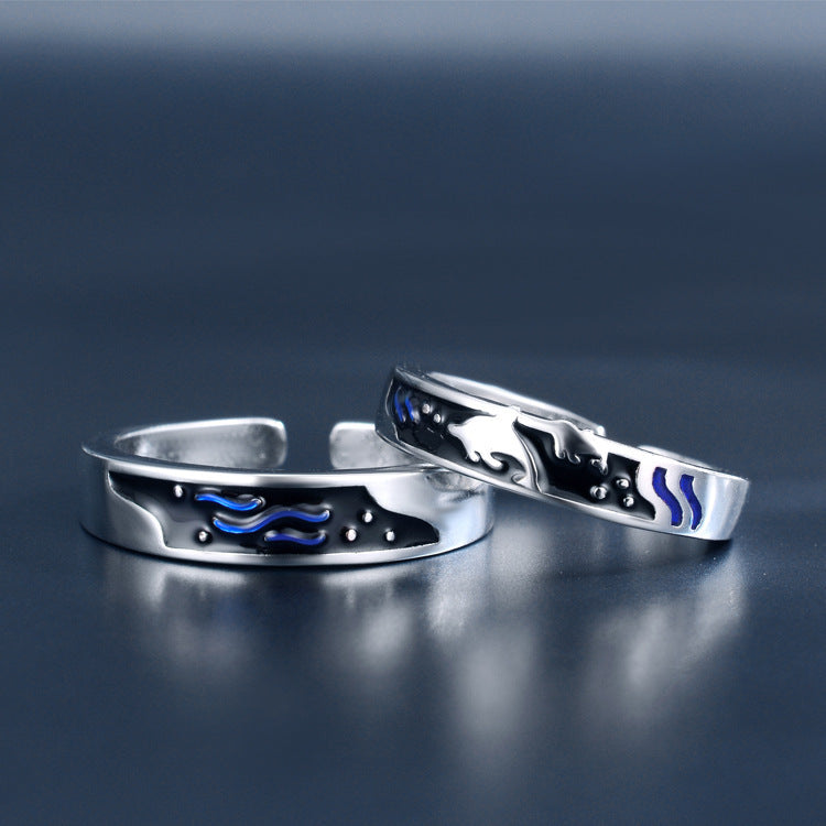 sea themed matching rings for couples featuring wave patterns in silver finish