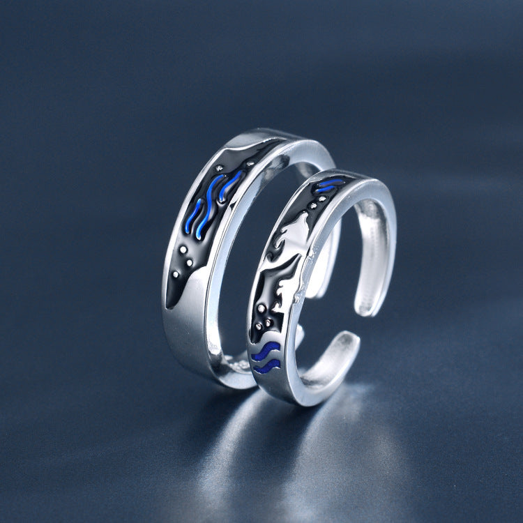 sea themed matching rings for couples with wave patterns and silver finish for ocean lovers