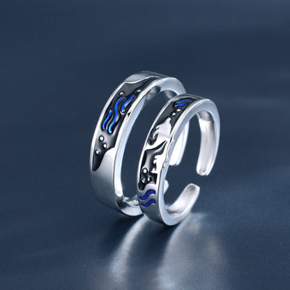 sea themed matching rings for couples with wave patterns and silver finish for ocean lovers