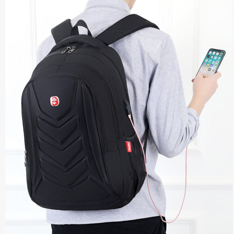 Men's black hard-shell waterproof anti-theft smart laptop backpack for students with USB charging port and padded straps