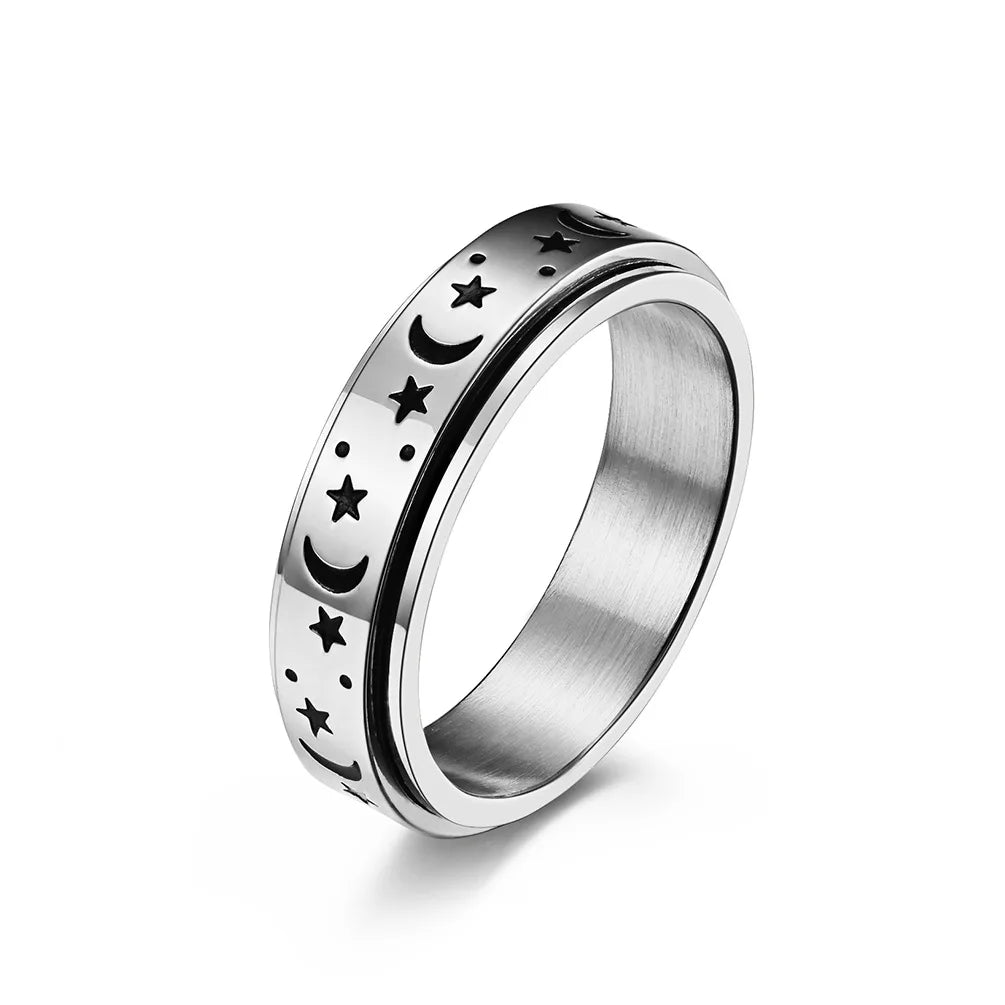 Stainless steel star spinner ring featuring moon and star designs for a stylish accessory