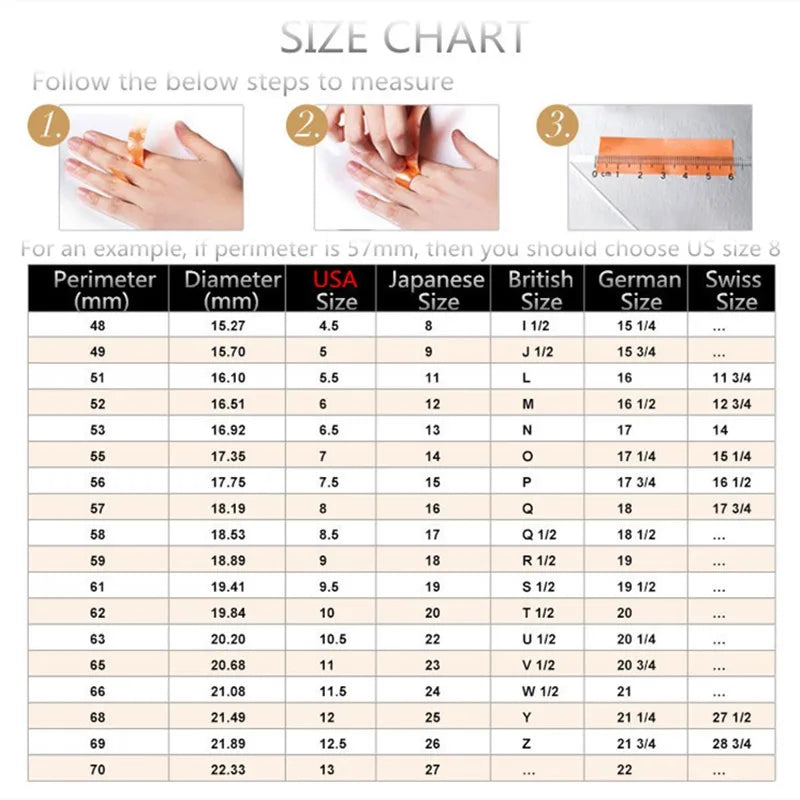 Size chart for stainless steel star spinner ring with measurement guidelines for accurate fitting