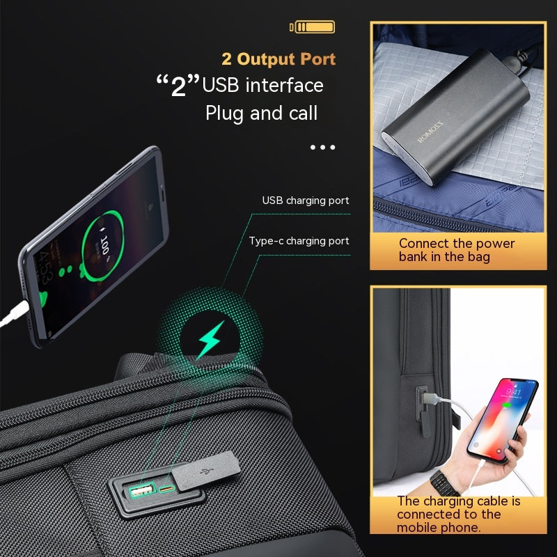 mens black 15.6 inch waterproof backpack with USB ports showing external charging port power bank and smartphone