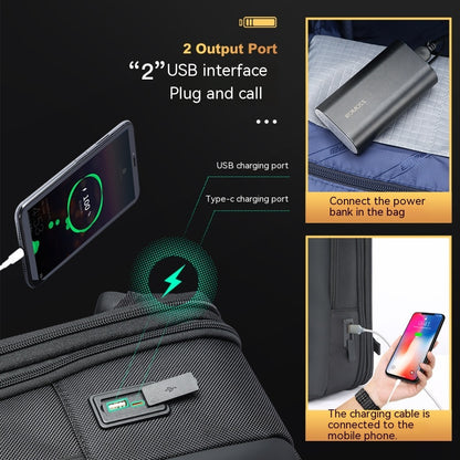 mens black 15.6 inch waterproof backpack with USB ports showing external charging port power bank and smartphone