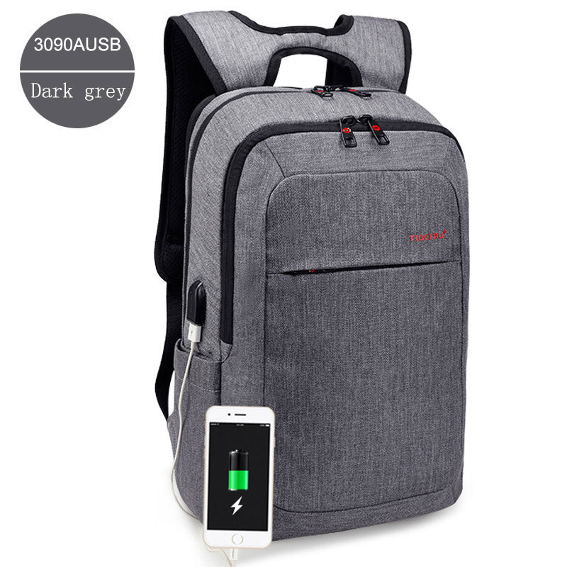 dark grey scratch resistant laptop backpack for women with USB charging port and multiple compartments