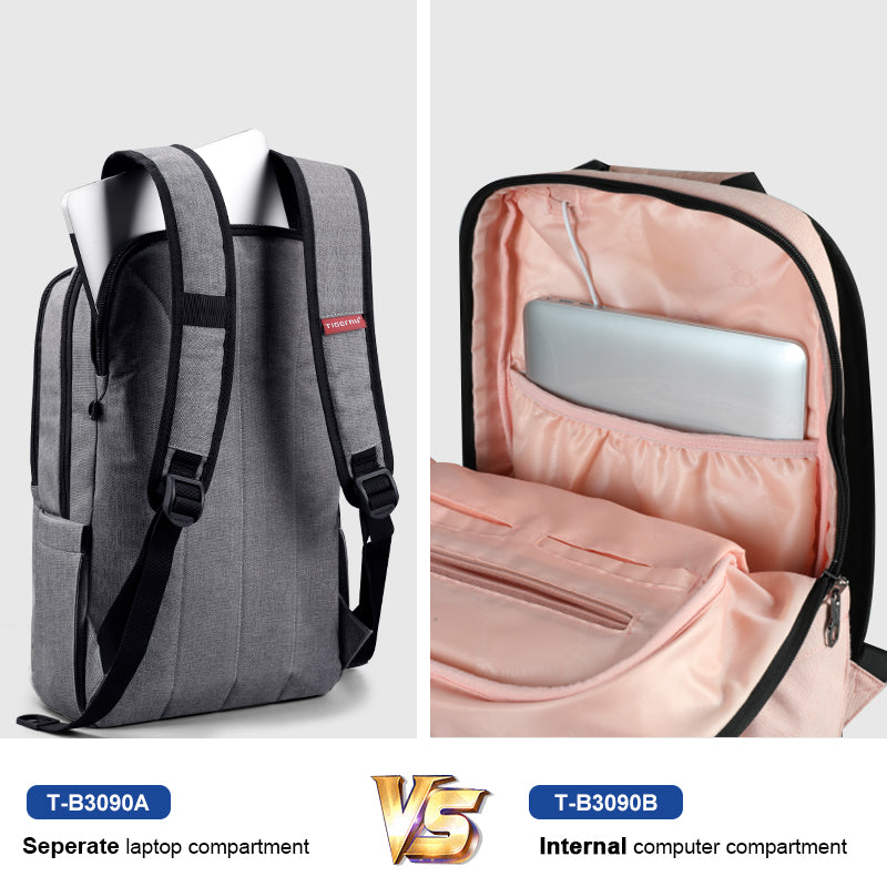 scratch resistant laptop backpack for women with separate and internal laptop compartments in gray and pink