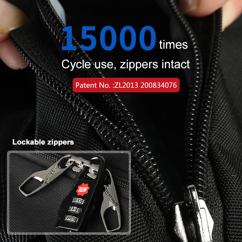 Close-up of lockable zippers on a scratch resistant laptop backpack for women showing durable zipper design