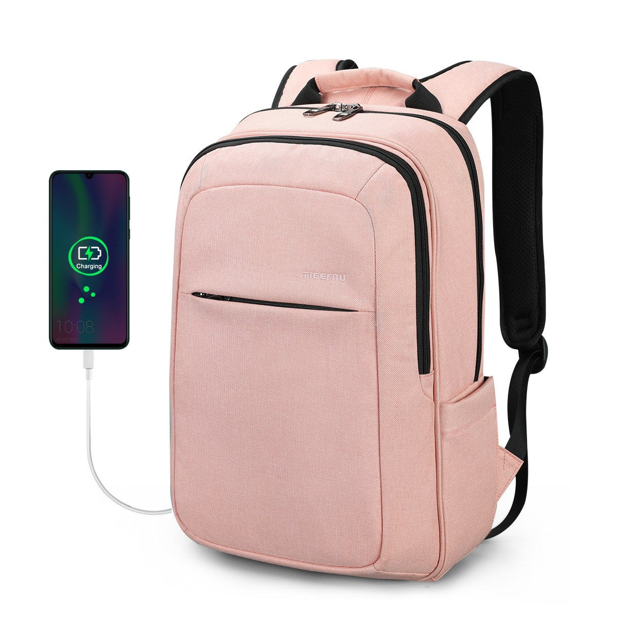 pink scratch resistant laptop backpack for women with USB charging port and multiple compartments