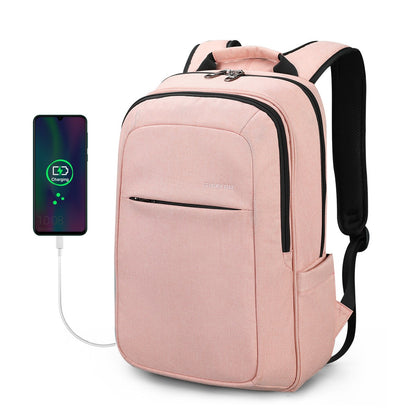 pink scratch resistant laptop backpack for women with USB charging port and multiple compartments