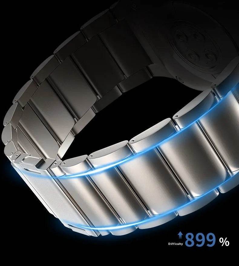 titanium alloy snap smartwatch band with sleek design and blue accent lighting