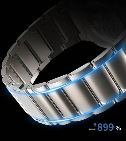 titanium alloy snap smartwatch band with sleek design and blue accent lighting