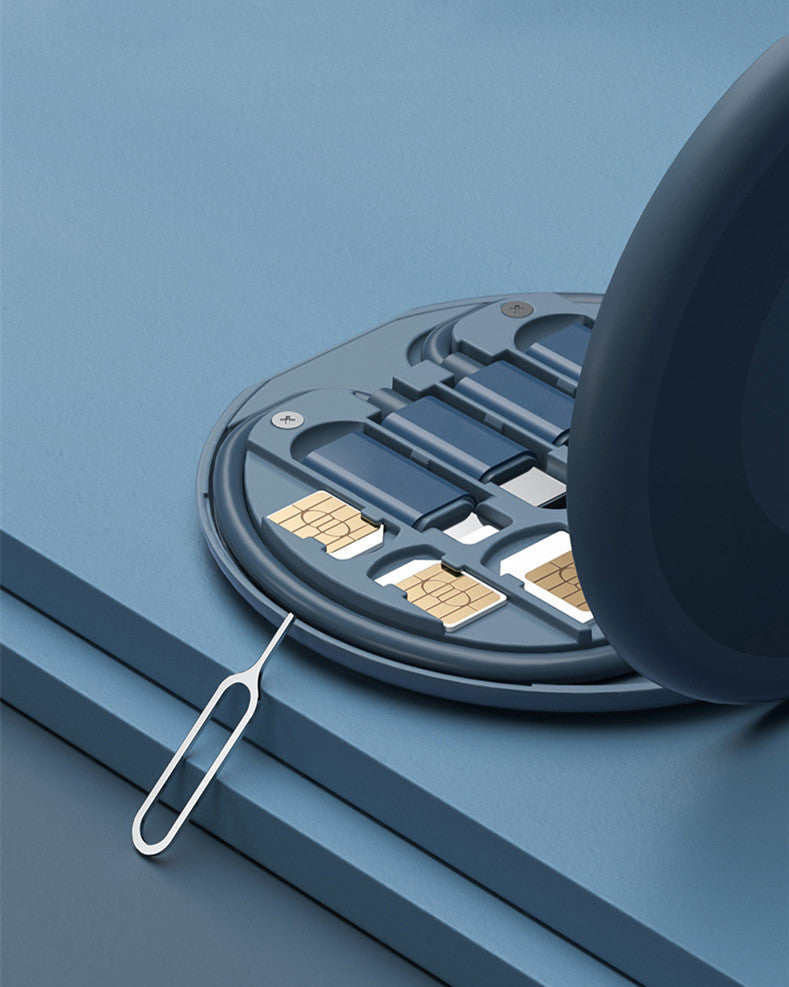 digital travel charging cable storage solution with SIM card slots and tool in compact case