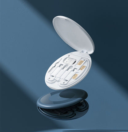 digital travel charging cable storage solution with compact round case and multiple charging adapters