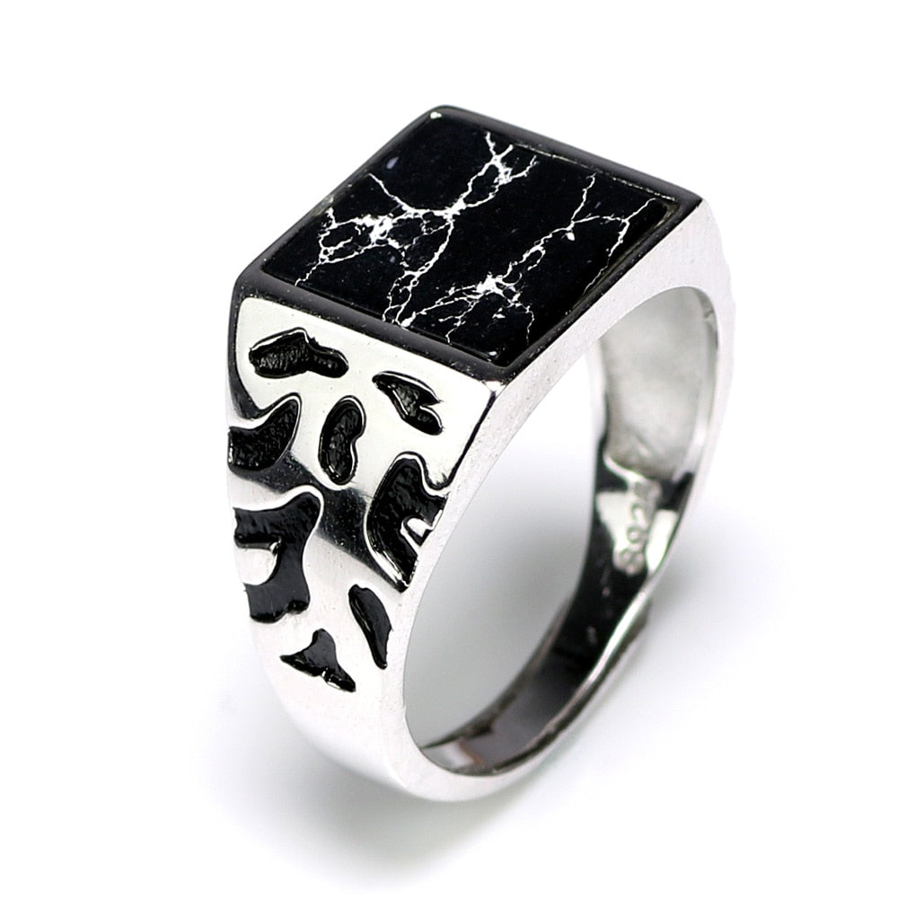 Turkish vintage black stone ring with silver band and unique engraved patterns