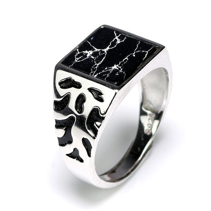Turkish vintage black stone ring with silver band and unique engraved patterns