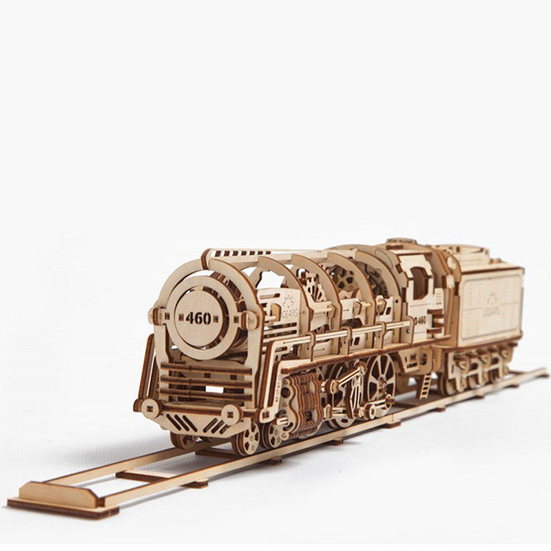 mechanical locomotive model kit made of wood with detailed parts and realistic design