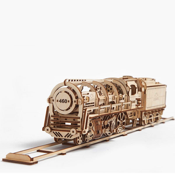 mechanical locomotive model kit made of wood with detailed parts and realistic design