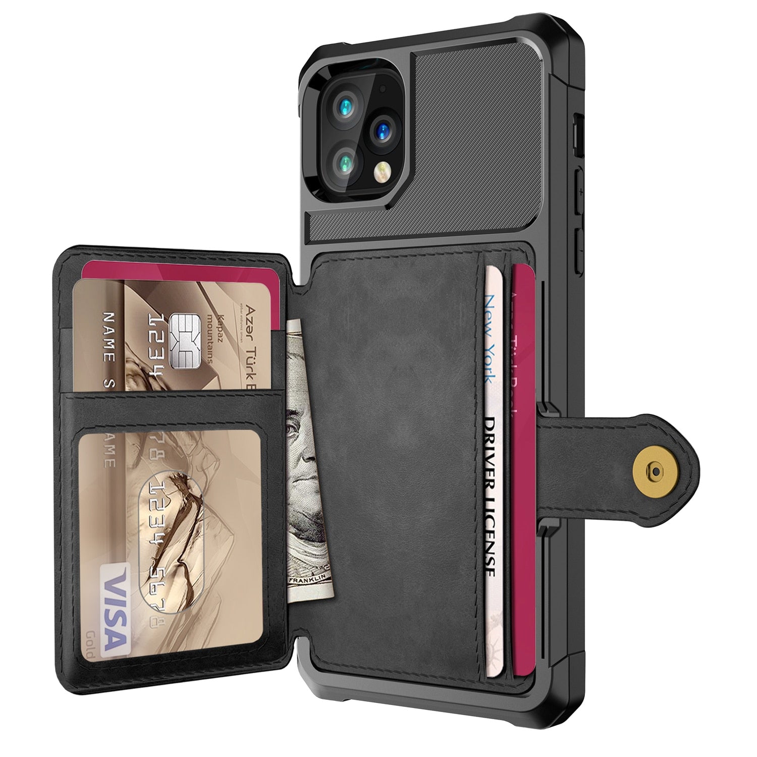 CJD black rugged iPhone 13 Pro Max wallet case with card slots cash pocket and snap closure showing cards and phone