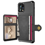 CJD black rugged iPhone 13 Pro Max wallet case with card slots cash pocket and snap closure showing cards and phone