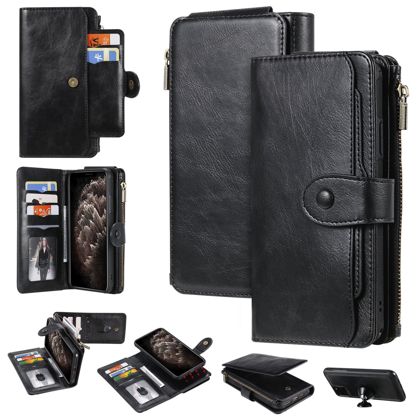Universal large business phone wallet case in black with multiple card slots and zipper closure