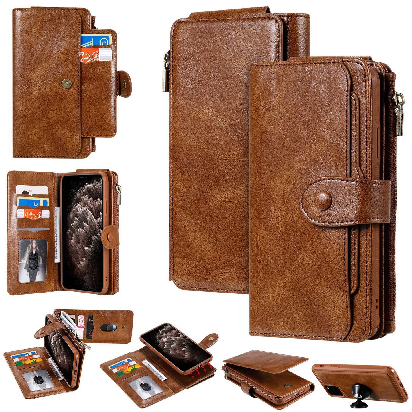 Universal large business phone wallet case in brown with card slots and zipper pocket for convenience