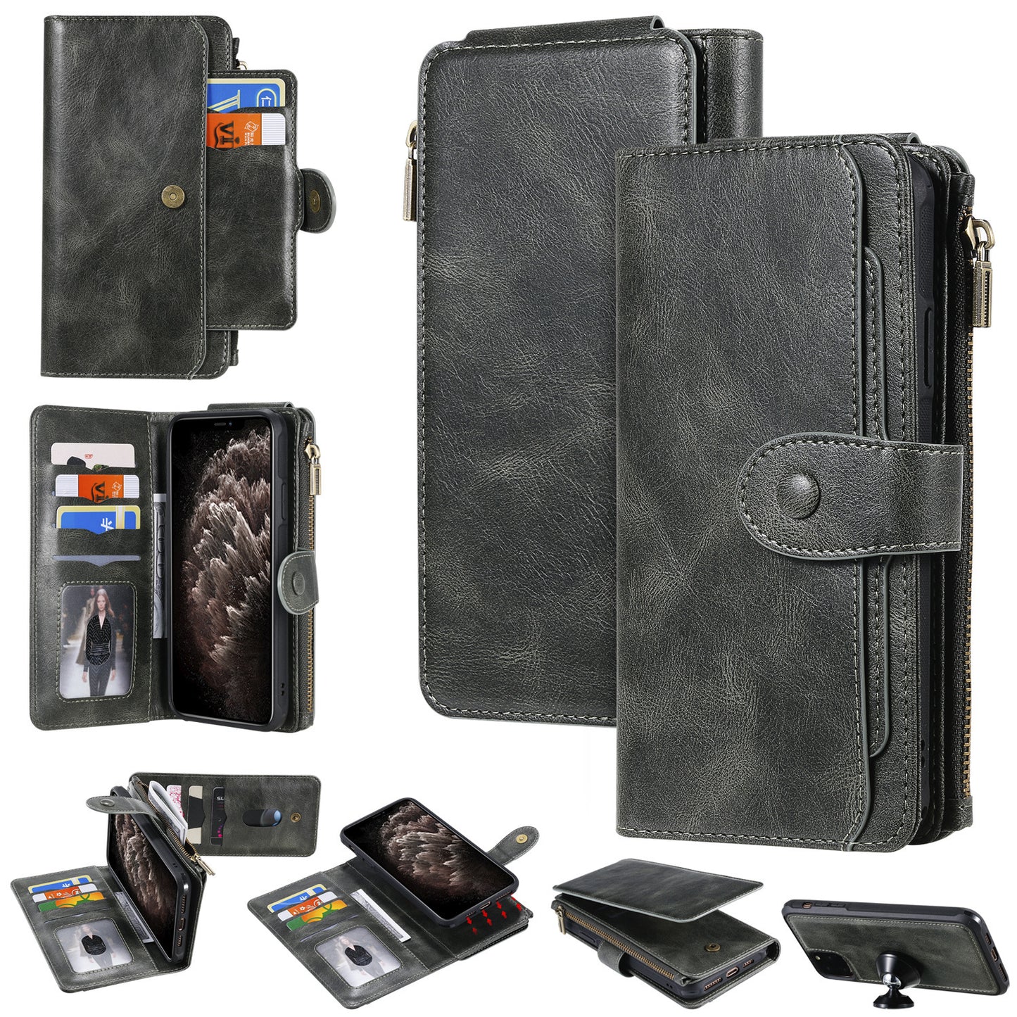 Universal large business phone wallet case in gray with multiple card slots and zipper pocket