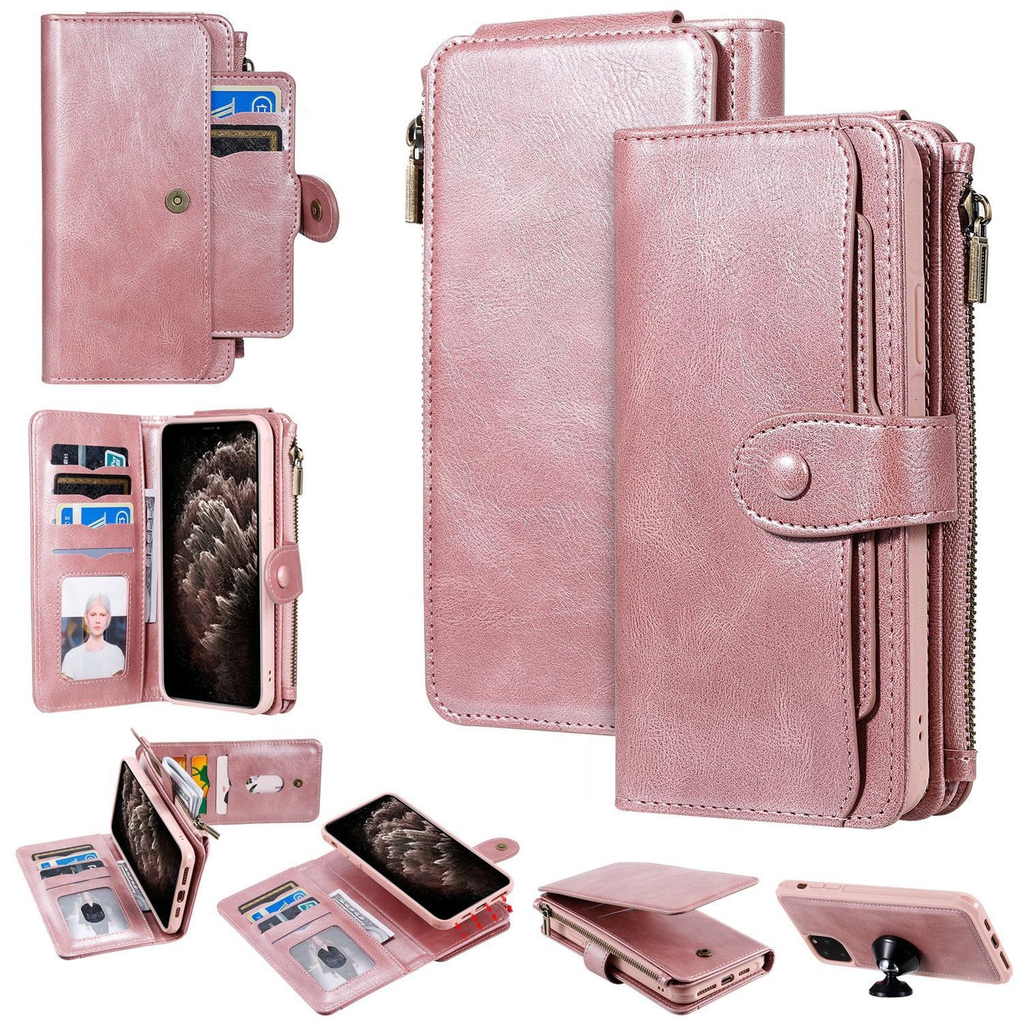 Pink universal large business phone wallet case with card slots and zipper pocket for convenience