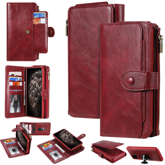 Universal large business phone wallet case in burgundy with multiple card slots and zipper closure