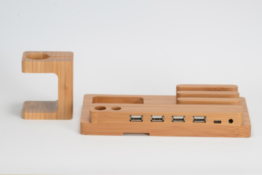 CJD Universal wood charging station with multiple USB ports and phone holder for convenient charging