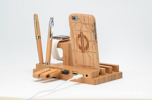 CJD iPhone case on a stylish universal wood charging station with pen and smartwatch holder