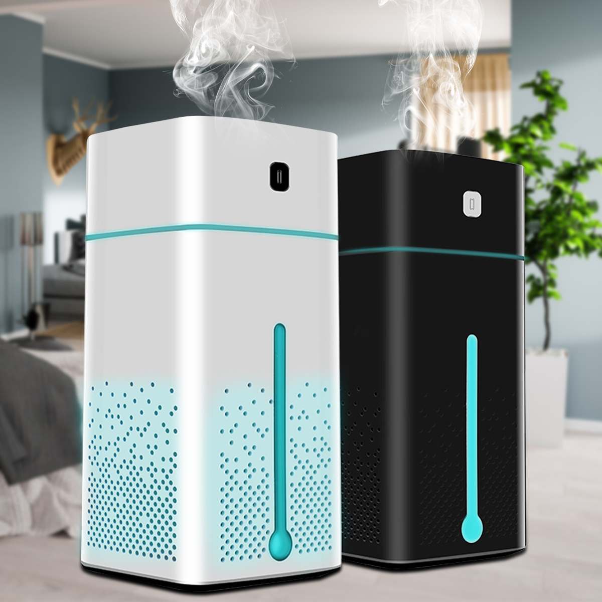 USB air purifier humidifier in black and white, providing mist for improved air quality