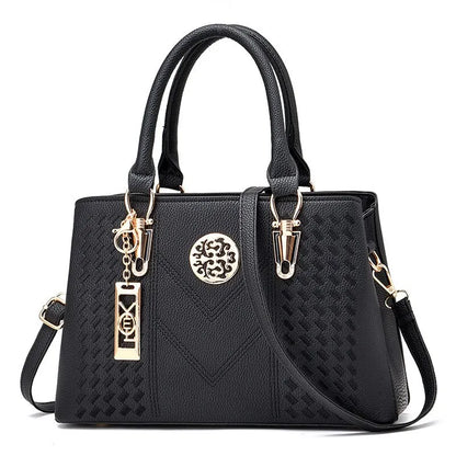 Stylish black business messenger shoulder bag for women with unique design and gold accents