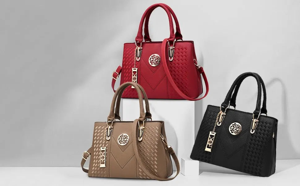 Stylish set of three business messenger shoulder bags for women in red, black, and beige with textured designs