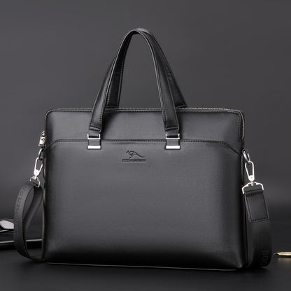 PU leather business briefcase in black with dual handles and detachable strap for professionals
