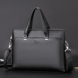 PU leather business briefcase in black with dual handles and detachable strap for professionals