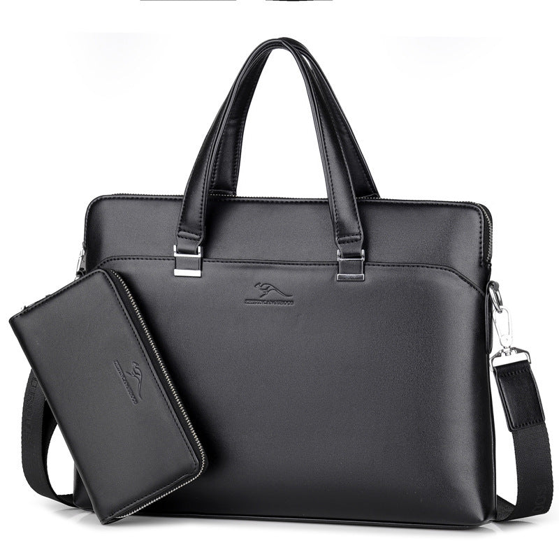 PU leather business briefcase with detachable wallet and adjustable strap in sleek black design