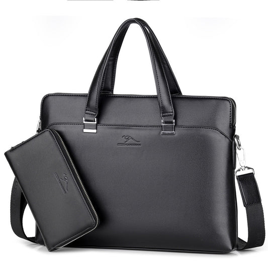 PU leather business briefcase with detachable wallet and adjustable strap in sleek black design