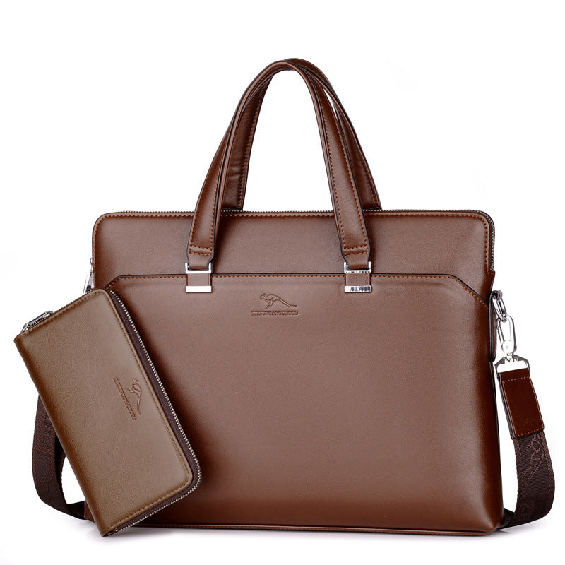 PU leather business briefcase in brown with detachable wallet and durable handles