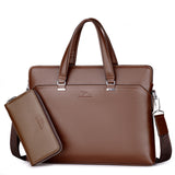 PU leather business briefcase in brown with detachable wallet and durable handles