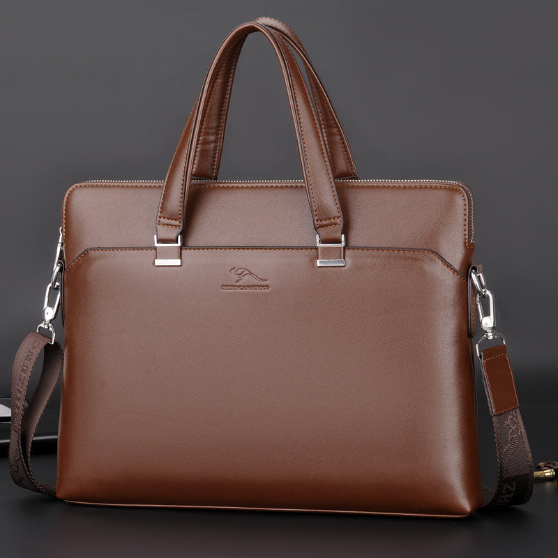 PU leather business briefcase in brown with dual handles and detachable shoulder strap
