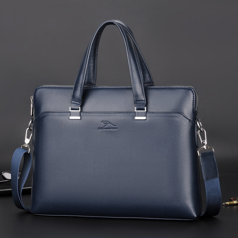 PU leather business briefcase in navy blue with dual handles and detachable shoulder strap