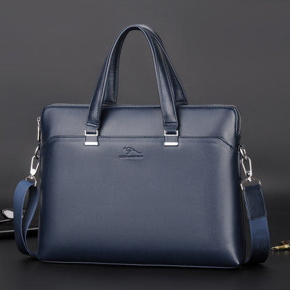 PU leather business briefcase in navy blue with detachable shoulder strap and dual handles