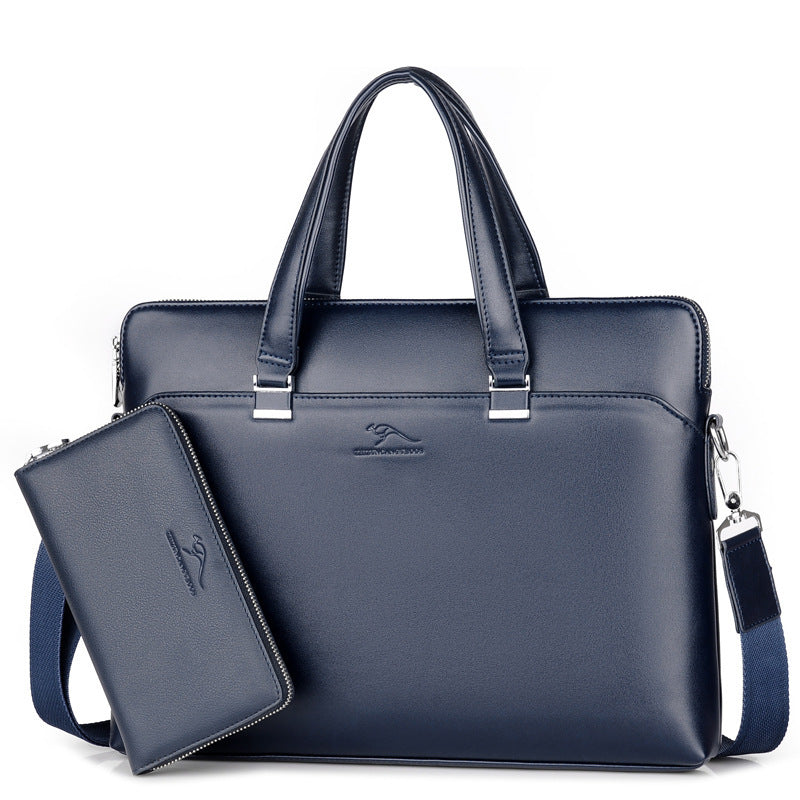 PU leather business briefcase in navy blue with matching wallet and detachable shoulder strap